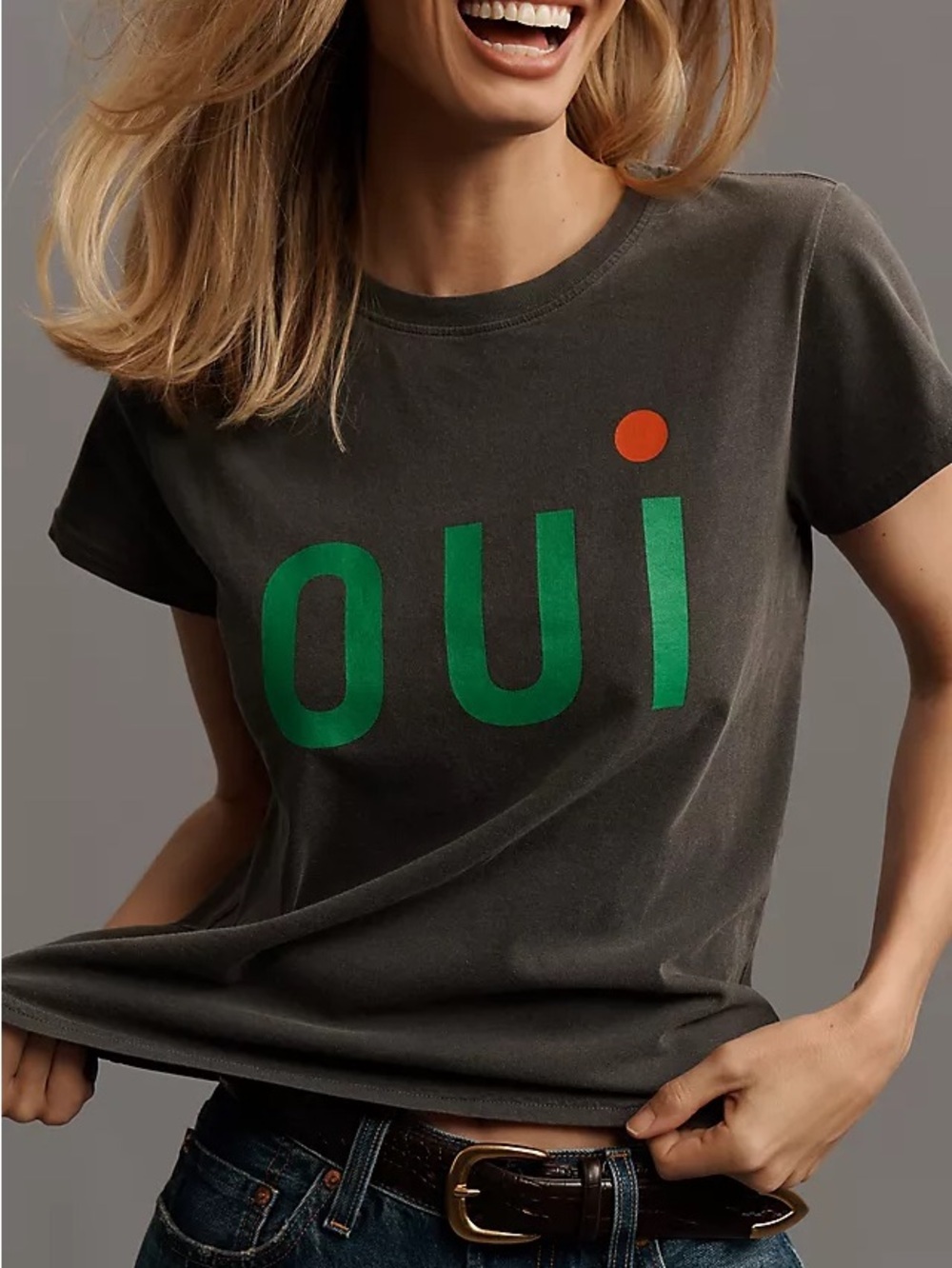 Women's Short-Sleeve Graphic Tee in Dark Charcoal with Green Print